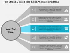 Five staged colored tags sales and marketing icons flat powerpoint design