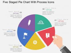 Five staged pie chart with process icons flat powerpoint design