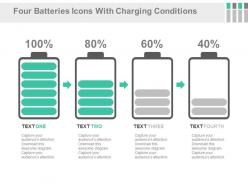 Four batteries icons with charging conditions powerpoint slides