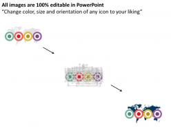 Four staged circle charts on world map with finance icons ppt presentation slides