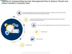 Implementing security management plan to reduce threats and protect sensitive company data complete deck