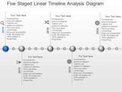 In five staged linear timeline analysis diagram powerpoint template