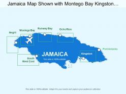 Jamaica map shown with montego bay kingston southwest coast