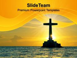 Jesus christ bible powerpoint templates tropical sunset with cross religion teamwork ppt slides