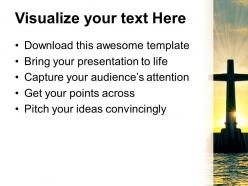 Jesus christ bible powerpoint templates tropical sunset with cross religion teamwork ppt slides