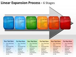 Linear expansion process 6 stages shown by arrows and text boxes inside powerpoint templates 0712