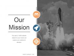 Mission slide with icons and rocket ship image ppt slides