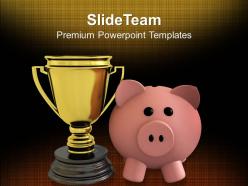 Piggy bank with trophy savings winner powerpoint templates ppt themes and graphics 0113