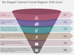 Six staged colored funnel diagram with icons flat powerpoint design