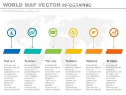 Six staged world map tags and icons powerpoint slides