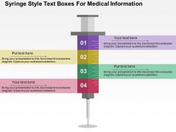 Syringe style text boxes for medical information flat powerpoint design