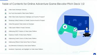 Table of contents for online adventure game elevator pitch deck ppt styles backgrounds