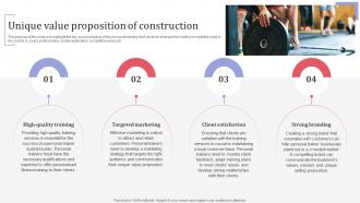 Unique Value Proposition Of Construction Group Fitness Training Business Plan BP SS