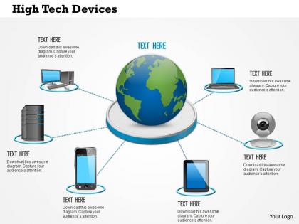 0814 high tech devices laptop tablet phone connected to centralized data center with globe ppt slides