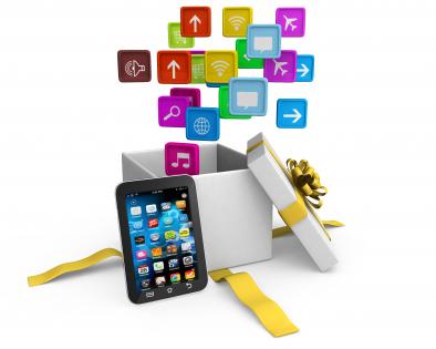 0914 application icons coming out of gift box with smart phone stock photo