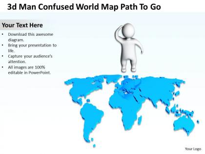 3d man confused world map path to go ppt graphic icon