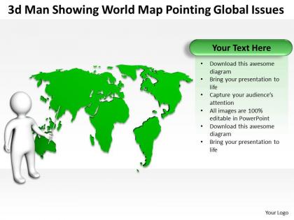 3d man showing world map pointing global issues ppt graphic icon