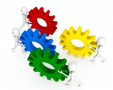 3d men with red green blue yellow gears team partnership stock photo