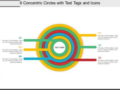 6 concentric circles with text tags and icons