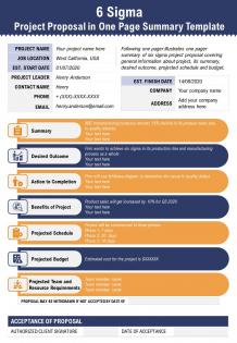 6 sigma project proposal in one page summary template presentation report infographic ppt pdf document