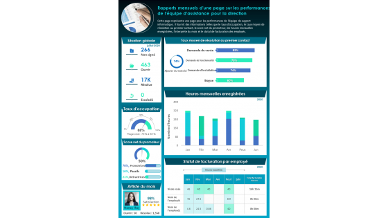 Rapports mensuels sur les performances de l'équipe de support d'une page pour le rapport de présentation de la direction, document infographique ppt pdf