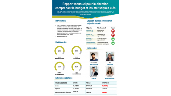 Rapport mensuel pour la direction comprenant le budget et les statistiques clés rapport de présentation infographie ppt document pdf