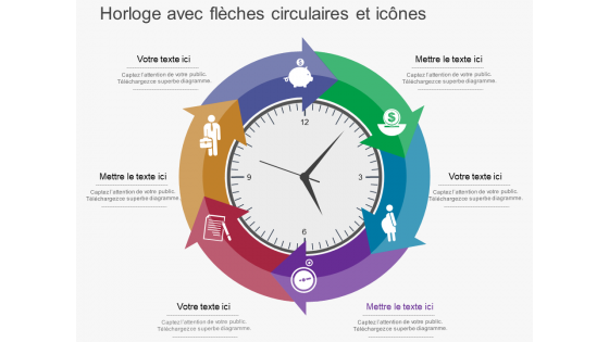 Horloge Es avec des flèches circulaires et des icônes design PowerPoint plat