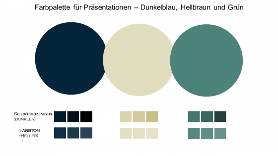 Farbpalette für Präsentationen: Dunkelblau, Braun und Grün