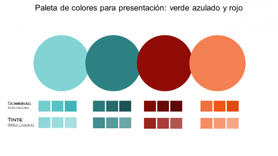 Paleta de colores para presentación verde azulado y rojo.