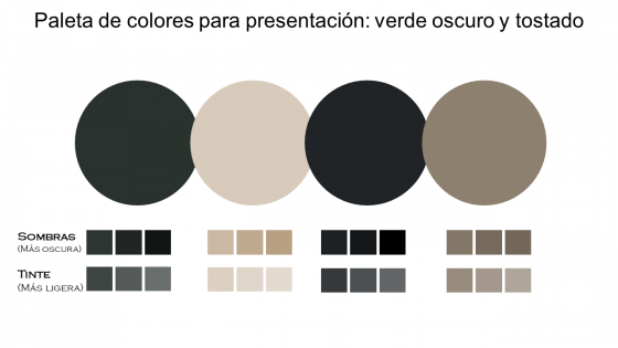 Paleta de colores para presentación verde oscuro y tostado.