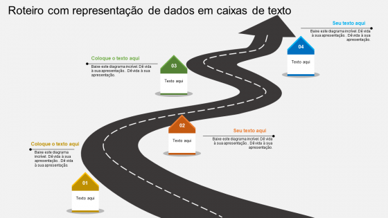 Estou um roteiro com caixas de texto, representação de dados, design plano de powerpoint