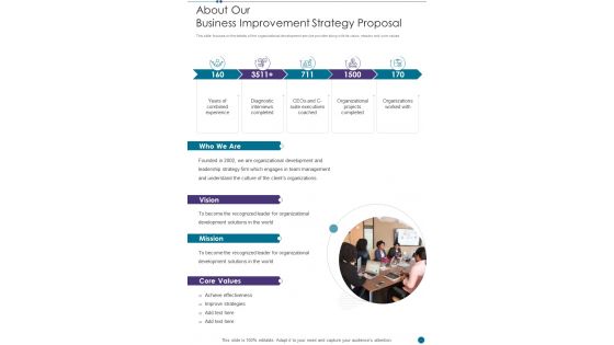 About Our Business Improvement Strategy Proposal One Pager Sample Example Document