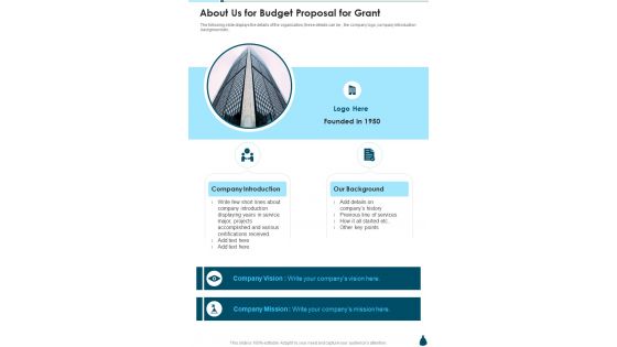 About Us For Budget Proposal For Grant One Pager Sample Example Document