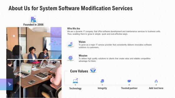 About us for system software modification services ppt slides icon