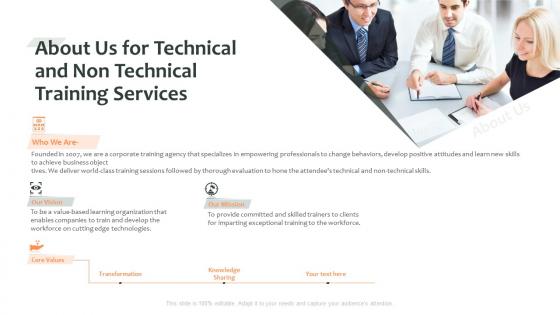 About us for technical and non technical training services ppt slides service