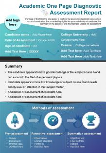 Academic one page diagnostic assessment report presentation report infographic ppt pdf document