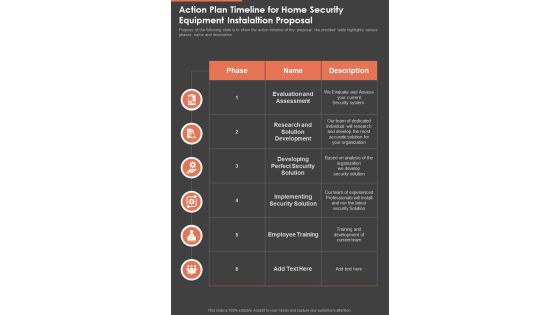 Action Plan Timeline For Home Security Equipment Instalaltion One Pager Sample Example Document