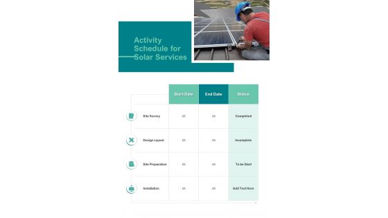Activity Schedule For Solar Services Solar Proposal Template One Pager Sample Example Document