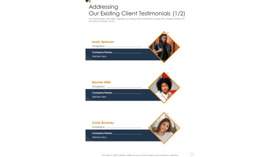 Addressing Our Existing Client Testimonials Business Advisory One Pager Sample Example Document