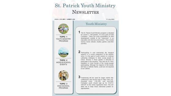 Bifold One Page Youth Ministry Monthly Newsletter Presentation Report Infographic Ppt Pdf Document