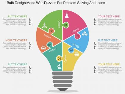 Bulb design made with puzzles for problem solving and icons flat powerpoint design