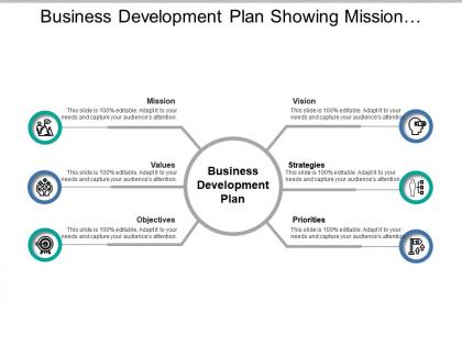 Business development plan showing mission values objectives and strategies