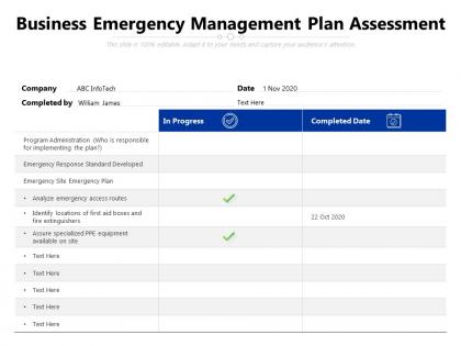 Business emergency management plan assessment