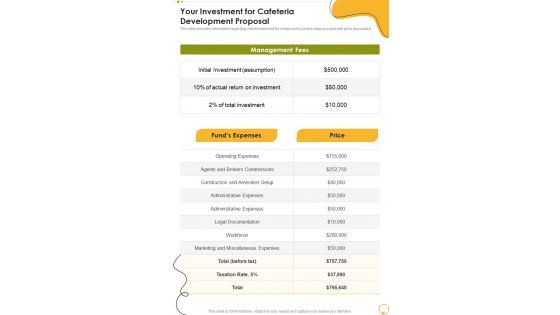 Cafeteria Development Proposal For Your Investment One Pager Sample Example Document