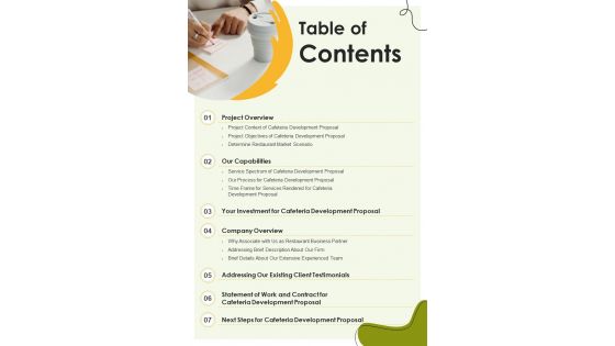 Cafeteria Development Proposal Table Of Contents One Pager Sample Example Document