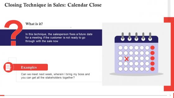 Calendar Close As A Closing Technique In Sales Training Ppt