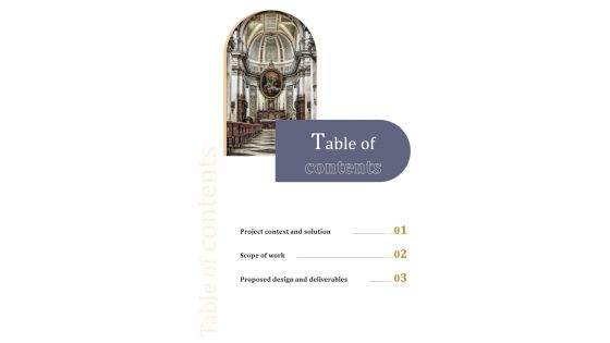 Church Construction Project Proposal Table Of Contents One Pager Sample Example Document