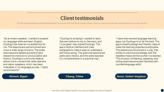 Client Testimonials Duolingo Investor Funding Elevator Pitch Deck