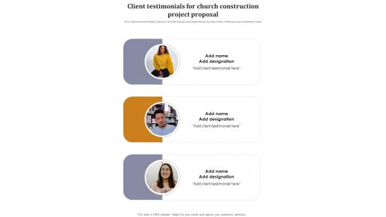 Client Testimonials For Church Construction Project Proposal One Pager Sample Example Document