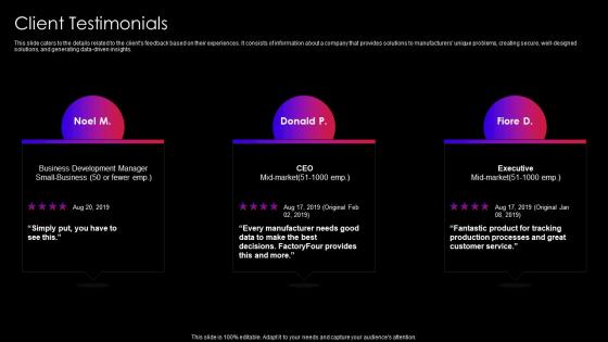 Client Testimonials Software As A Service SaaS Company Investor Funding Elevator Pitch Deck